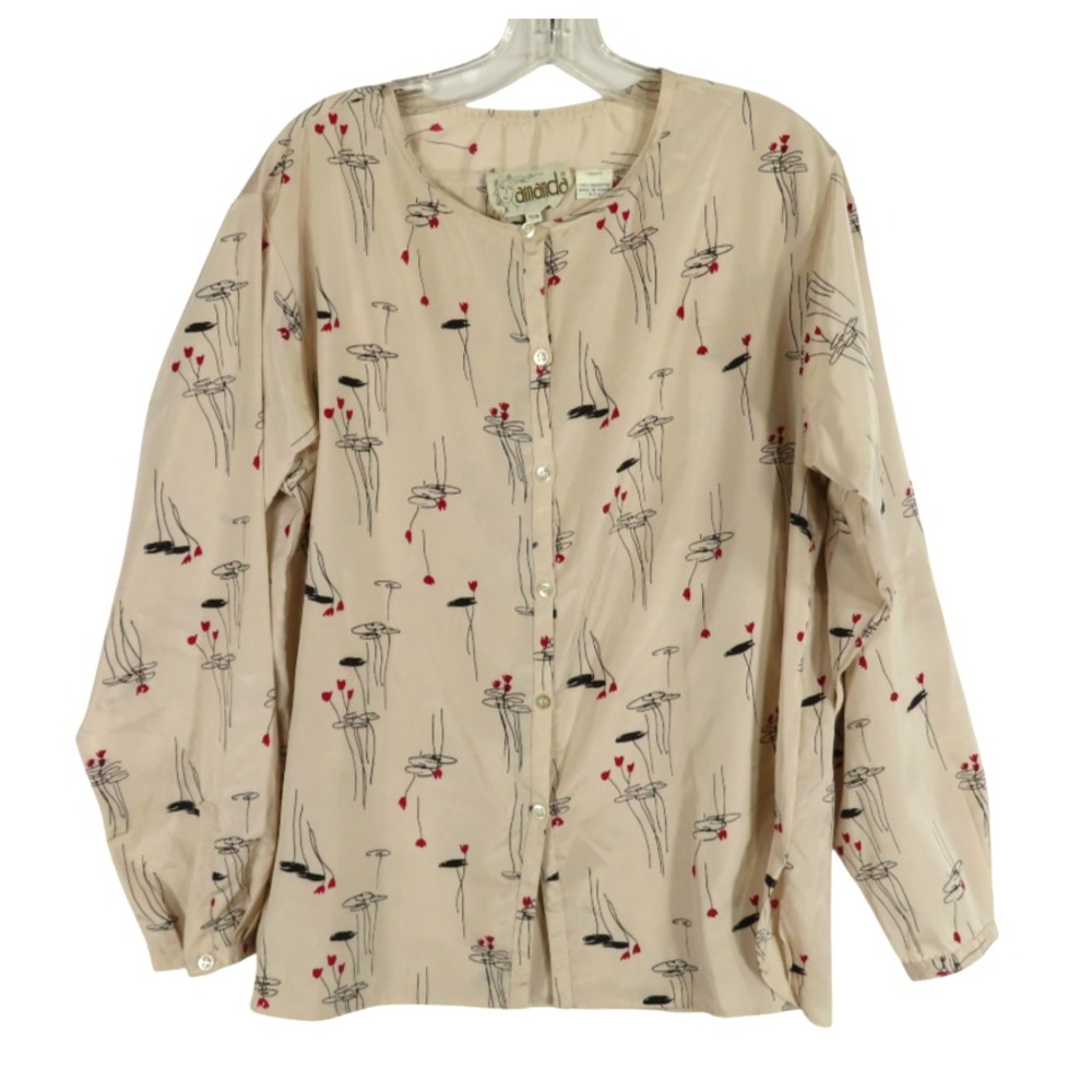 VTG AMANDA Button-Up Blouse Top IVORY w/SCRIBBLE POP-LINE-ART Floral Black/Red M
